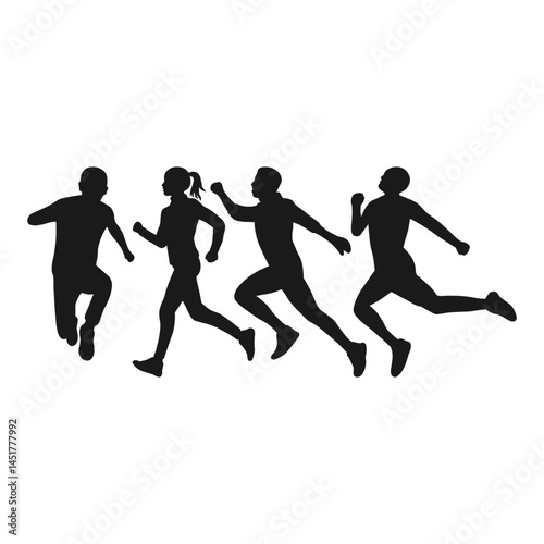 Silhouette of Man and Woman Running Pose. Silhouette of People Running Race. Front and Side View.