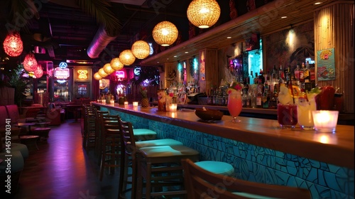Neon-lit tiki bar showcases vibrant cocktails creating a tropical, inviting atmosphere.