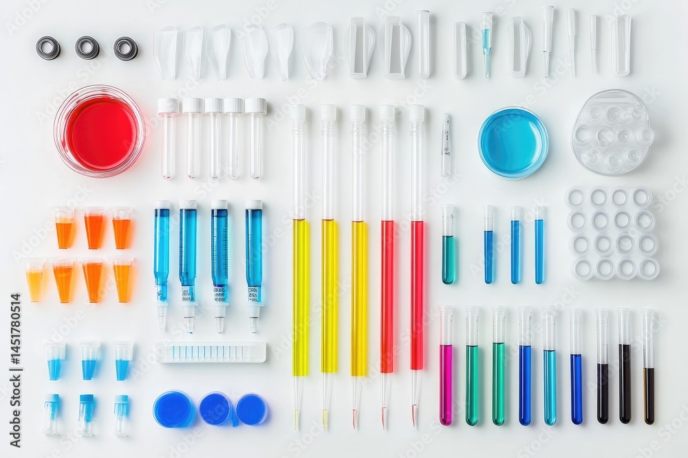 Assorted laboratory equipment arranged on a white surface. Assorted laboratory equipment arranged on a white surface.