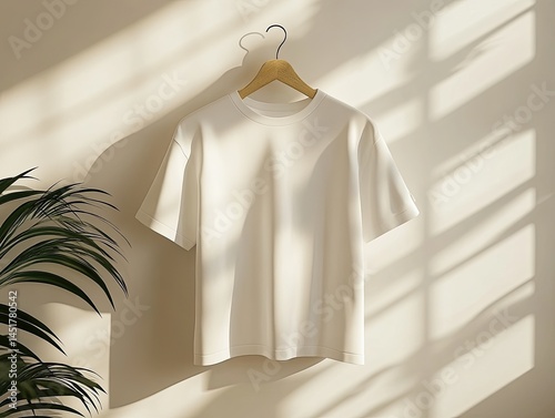 Minimalist White T-Shirt Mock-up on Hanger with Soft Light and shadow Effects in a Modern and Aesthetic Style Presentation