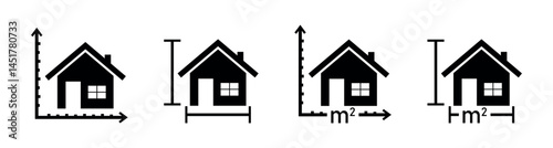 Real Estate Property Size Icons – House with Dimension Indicators and Area Symbols for Architecture, Construction Planning, Building Layout, or Home Floor Measurement Design
