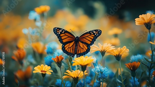 Monarch butterfly fluttering gracefully among colorful wildflowers in meadow