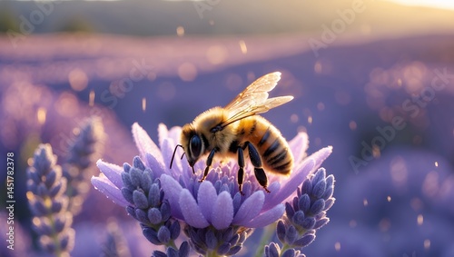 Fototapeta Naklejka Na Ścianę i Meble -  Bee on Lavender Flower in Sunlight