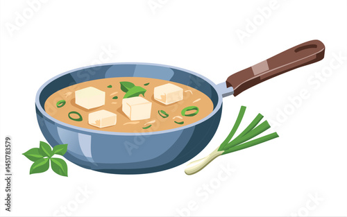 cooking tofu soup in pan - vector illustration
