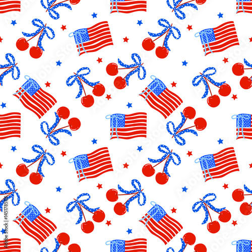 Fourth of July Coquette Cherry Seamless Pattern Red White Blue USA Flags Digital Paper