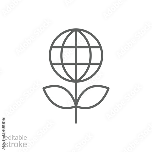 Sprout and world globe icon. Simple outline style. Planet plant leaf bio eco, green, global, protect, save nature, environment concept. Thin line symbol. Vector illustration isolated. Editable stroke.