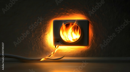 Electrical Outlet Fire Hazard 3D Illustration: Burning Wire and Socket