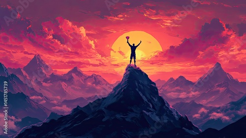 Silhouette Champion Celebrates with Trophy on Peak under Fiery Sunset