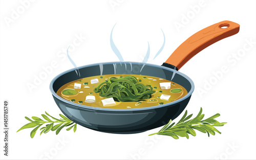 Cooking Miso seaweed Soup in Pan - Vector Illustration
