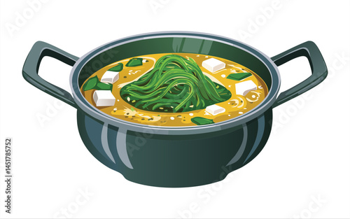 pot of seaweed miso soup - vector illustration