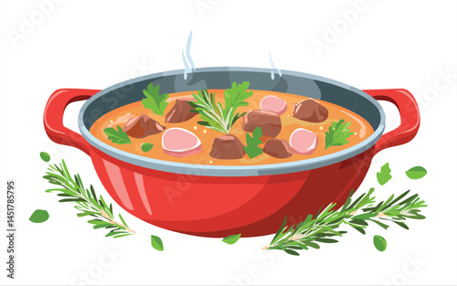 pot bowl of beef curry soup - vector illustration