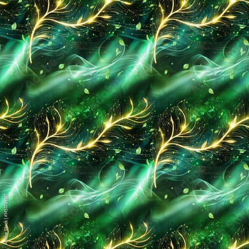 Vibrant green and gold leaf pattern seamless background with golden branches and glowing effects for nature-themed blogs, eco-projects, festive cards, or branding materials