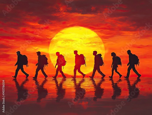 Silhouettes of diverse people walking towards a bright sunset horizon together symbolizing unity and shared goals for the future