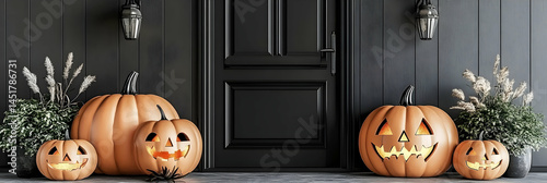 Halloween Porch Decoration 3D Render:  Autumnal Jack-o'-Lanterns and Black Door Entrance