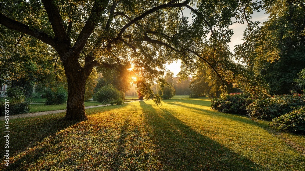 Obraz premium Serene Garden Scene with Large Tree and Long Soft Shadows