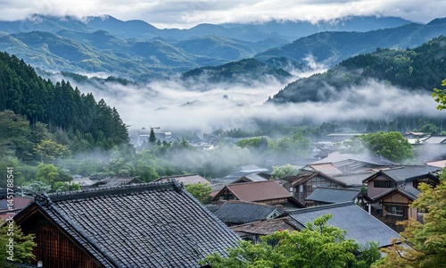 Misty mountain village nestled in valley