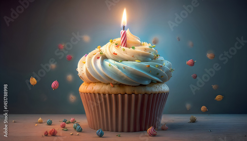 Birthday Cupcake With Frost and a Candle in The Middle, Happy Birthday, Birthday Cake, Celebrating, Celebration, One Candle, Card, Colorful Cupcakes with Sprinkles, Happy Anniversary 
