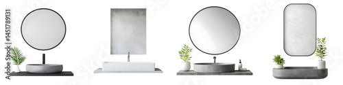 Minimalist bathroom vanity with round mirrors and green decor