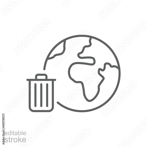 Global trash icon. Simple outline style. Earth globe, trash, recycle bin, pollution, recycling, garbage, planet, environment concept. Thin line symbol. Vector illustration isolated. Editable stroke.