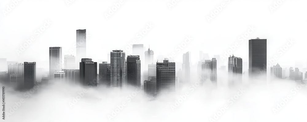 Fototapeta premium Monochrome Cityscape Emerging from Dense Fog and Low Clouds Featuring a Modern Skyline with Tall Buildings and Skyscrapers under an Overcast Sky