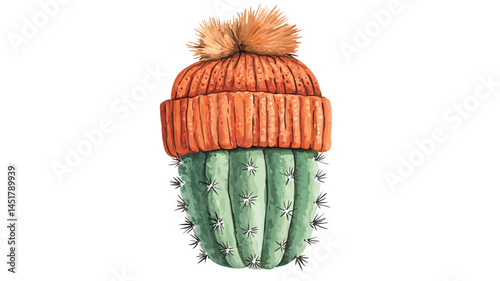 A watercolor painting depicts a green cactus wearing a knitted orange hat with a fluffy brown pom-pom on top. The texture of the cactus is clearly visible, highlighting its ridges.