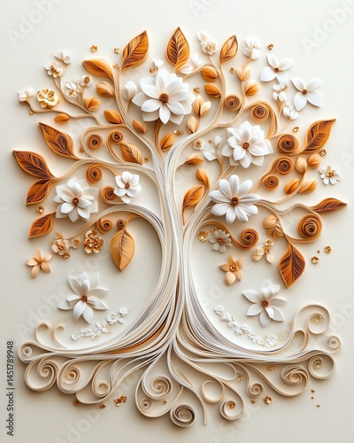 An artistic representation of a tree with intricate paper quilling, showcasing beautiful flowers and leaves in warm tones.