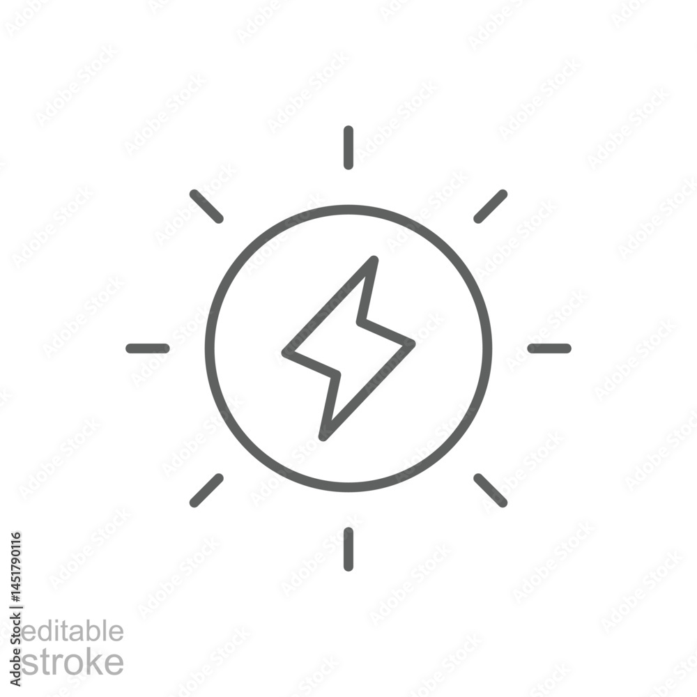 Solar power icon. Simple outline style. Energy, sun and lightning, electric, nature, innovation, sustainability, environment concept. Thin line symbol. Vector illustration isolated. Editable stroke.