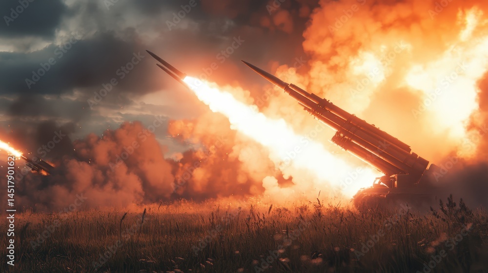 Obraz premium Rockets Launching at Dusk. Power and Destruction in Fiery Display