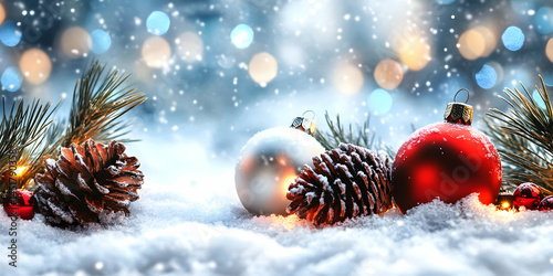 Winter Holiday Scene Festive Background Image with Ornaments and Pine Cones