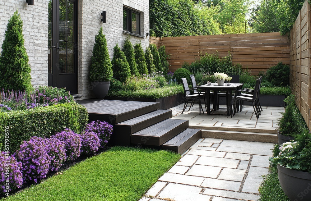 Obraz premium Modern backyard patio garden design with dining set