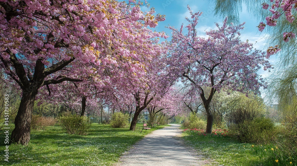 Naklejka premium Serene Walkway Through Cherry Blossom Garden in Full Spring Bloom