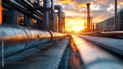 Low-angle view of metallic gas pipes catching sunset rays at sprawling industrial site