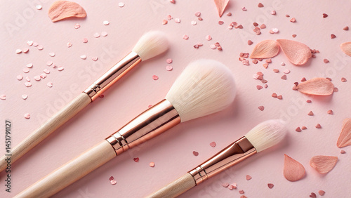 Elegant Makeup Brushes with White Bristles and Rose Gold Ferrules on a Pink Background, Surrounded by Delicate Pink Flower Petals and Heart-Shaped Confetti for a Soft and Feminine Aesthetic