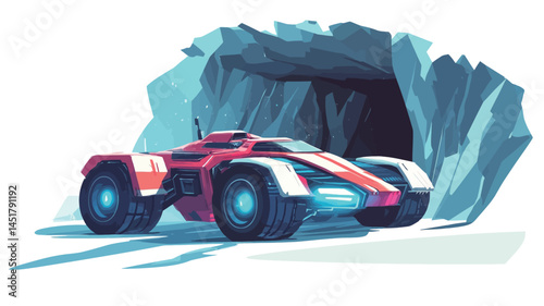 The image shows a digital illustration of a futuristic car in vibrant red and white, accented with blue lights. The car is rendered in a stylized, almost cartoonish way.
