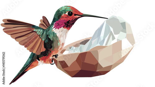 A stylized digital illustration of a hummingbird in flight, rendered in a low polygonal aesthetic. The hummingbird's feathers are rendered in vivid, saturated colors, showing detailed detail.