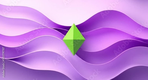 Colorful abstract waves design with green diamond shape on purple background for copy space