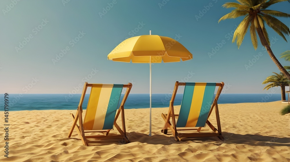 3D rendering of two beach chairs and a striped umbrella on a smooth yellow background, minimalist summer vacation concept, bright lighting, shadows soft, modern design,Generative Ai
3D rendering of two beach chairs and a striped umbrella on a smooth yellow background, minimalist summer vacation concept, bright lighting, shadows soft, modern design,Generative Ai