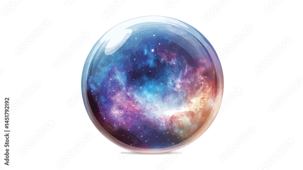 This digitally rendered spherical object appears highly translucent, with a vibrant nebula pattern inside that blends deep blues, purples, oranges and reds.