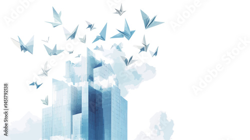 The work presents a minimalist composition of a flock of light blue and white origami birds flying towards a stylized dark blue skyscraper.