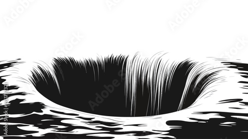 This high-contrast monochrome illustration depicts a stylized abyss or sinkhole. The image uses stark black and white tones and uses lines of varying densities to create a sense of depth.