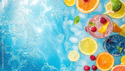 Refreshing Citrus Fruit Cocktails with Water Splash on Light Blue Surface Featuring Sliced Lemons Oranges Raspberries and Mint Creating a Vibrant Summer Theme