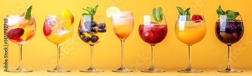 Colorful summer cocktails in stemmed glasses, garnished with fruit and herbs