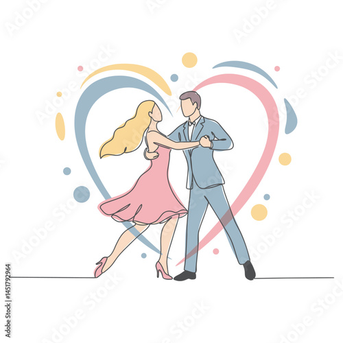 Minimal One Line Valentine Illustration of couple with Rose and Pastel Abstract Background