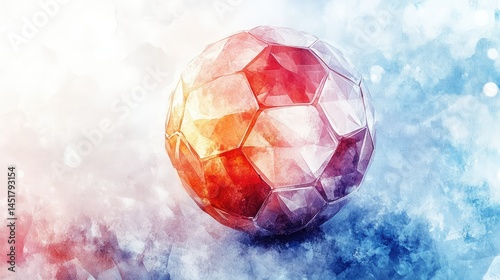 Soccer ball, abstract artistic rendering, vibrant colors, polygonal design, with a soft focus background