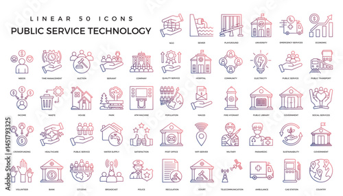 Vector set of thin linear 50 icons, related to public service technology for intelligent urbanism, smart city and urban development.
