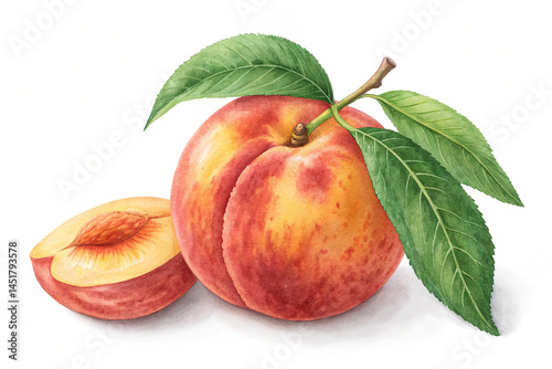 Colorful Peach Fruit with Leaf isolated on white background. A bright and vibrant peach fruit with a leaf isolated on a white background, ideal for fresh or healthy food themes