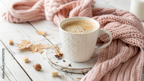 Cozy Autumn Coffee Scene with White Ceramic Mug, Soft Pink Knitted Blanket, Sugar Cubes, Nuts, and Seasonal Leaves on a White Wooden Surface