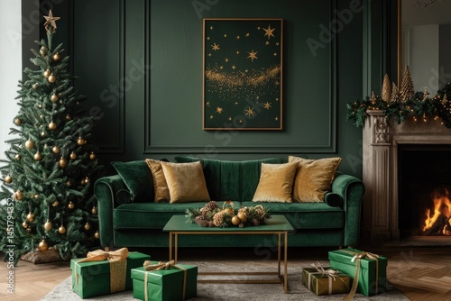 Luxurious emerald green living room decorated for Christmas.  A tall Christmas tree with gold ornaments stands next to a plush velvet sofa with mustard yellow accent pillows. 