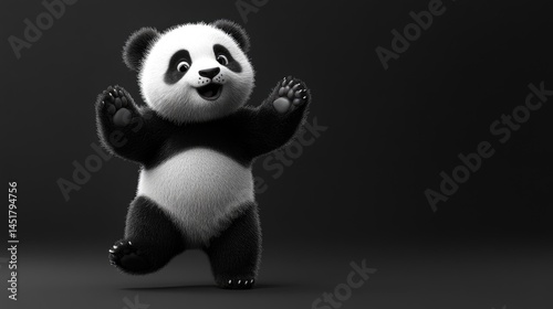 Cute cartoon panda bear,  joyful pose,  full body,  fuzzy fur,  black and white,  studio shot