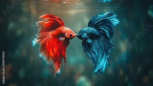 Two betta fish, vibrant colors, underwater, romantic photo